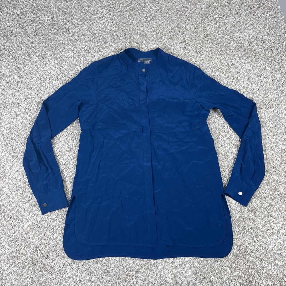 Vince‎ Blouse Womens Small Blue Silk Band Collar Long Sleeve Minimalist Luxury